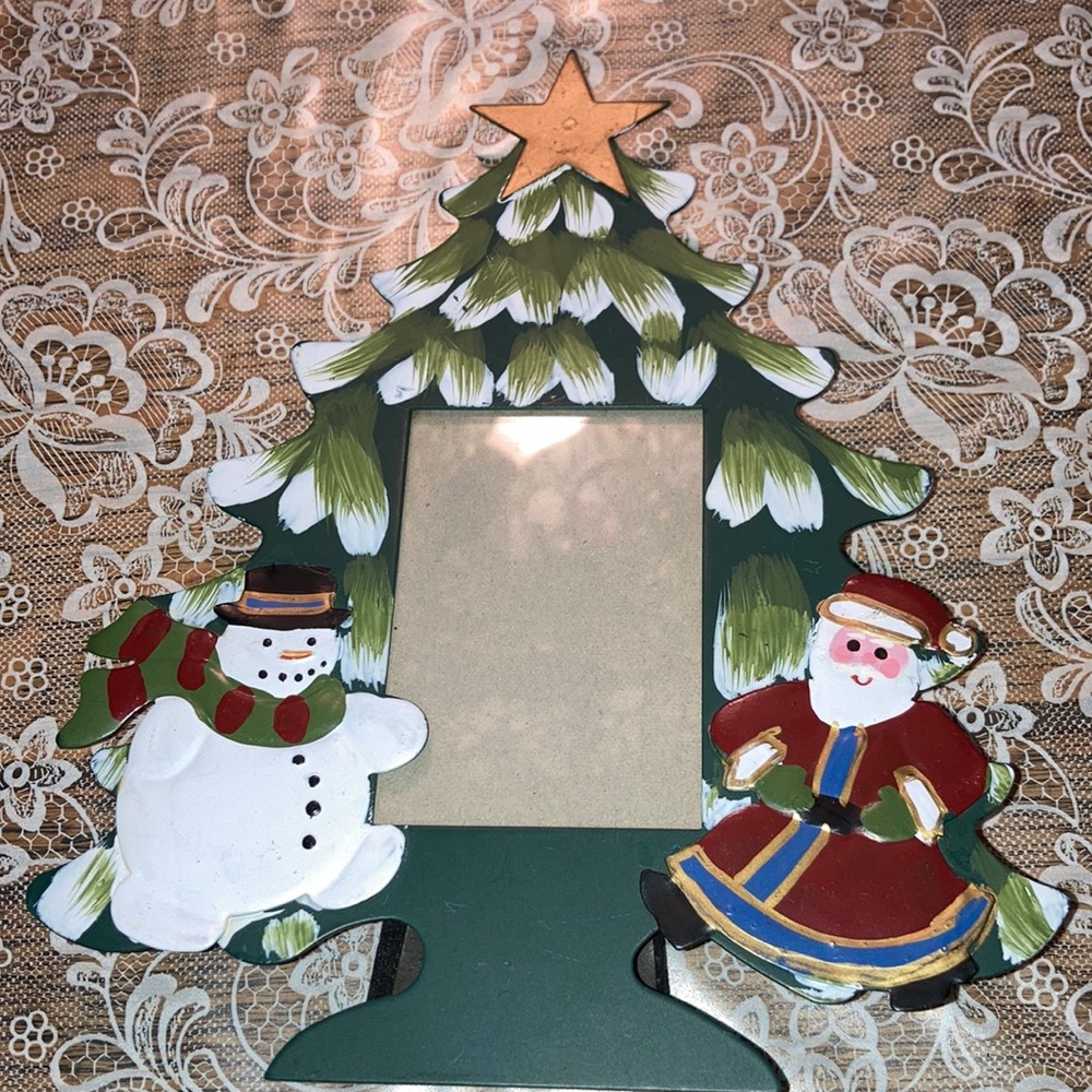 CHRISTMAS PHOTO FRAME metal tree w/ snowman & Santa & star.   $9